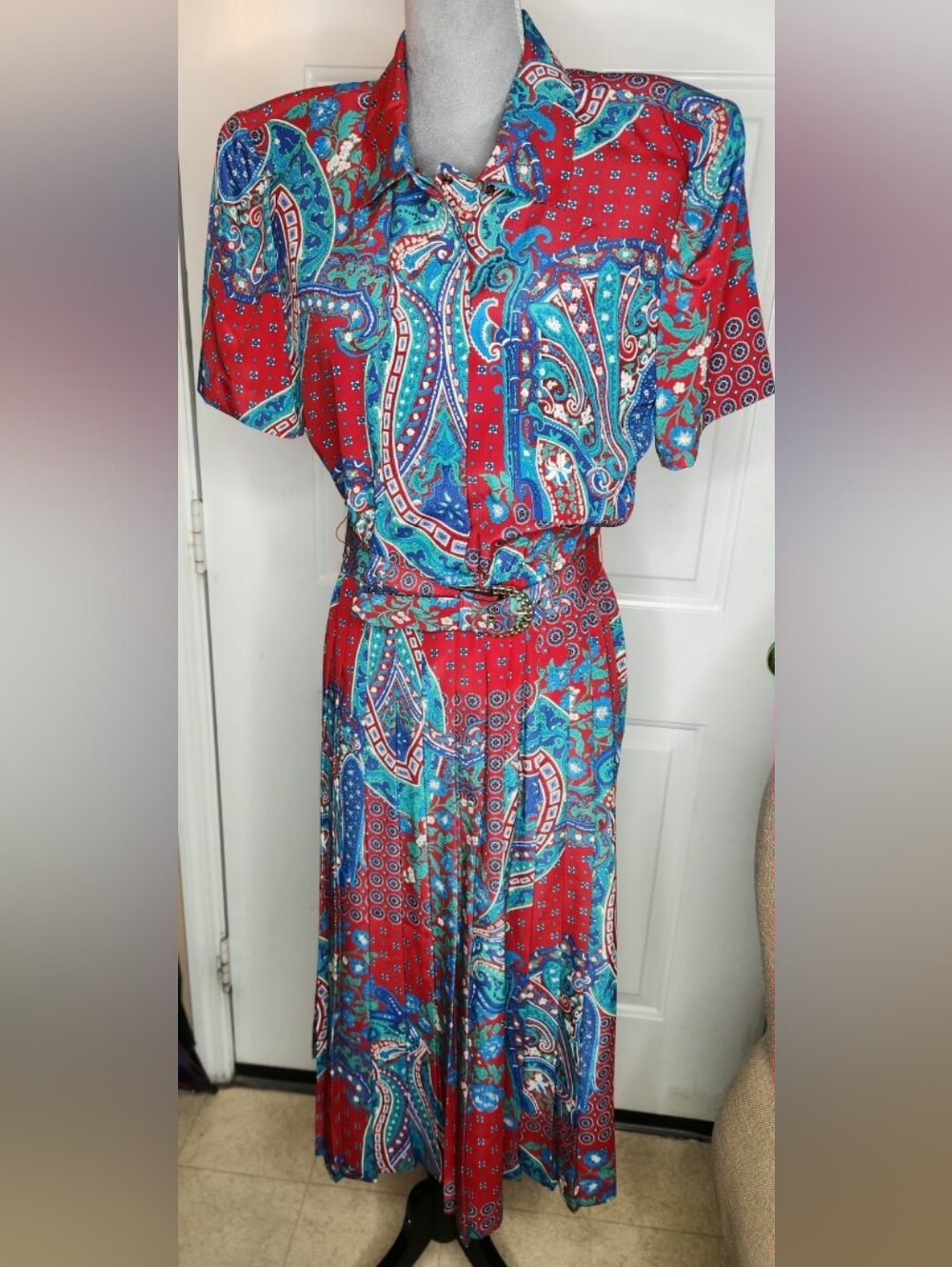 Leslie Fay Red Paisley Midi Dress with Blue & Green Accents Size 10